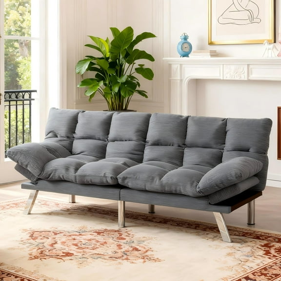 BSHTI 67.3" Futon Sofa Bed with Split Back, Corduroy Upholstery, 3-Position Adjustable Corduroy Sleeper Sofa, Twin Size Custom Comfort Futon Sofa(Light Gray)