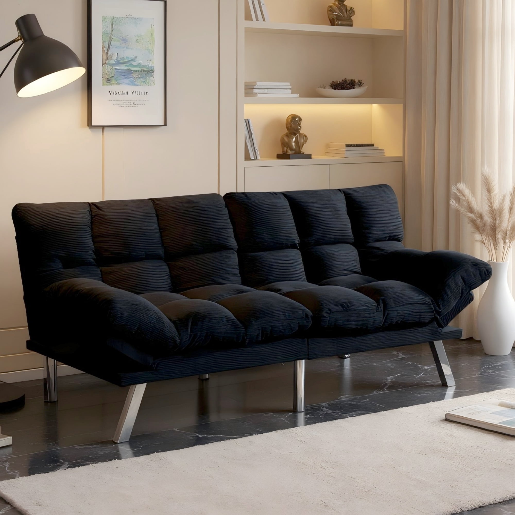 BSHTI Corduroy Futon Sofa Bed, 67.3" 3 in 1 Convertible Sofa Bed with Adjustable Armrests, Split-Back Design, Loveseat Sofabed for Apartment, Living Room, Office, Pitch Black