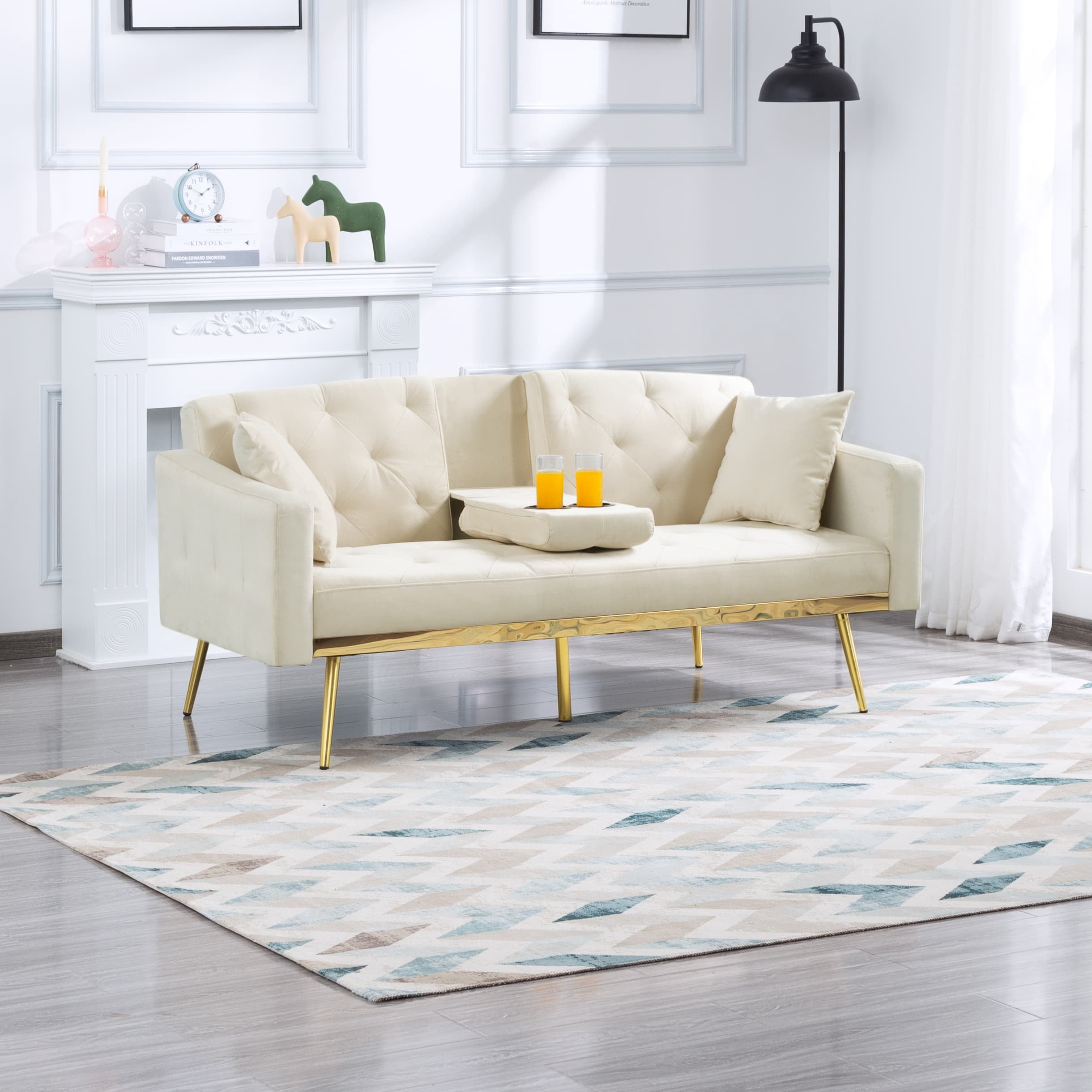 BSHTI 67.7”Futon Sofa Bed,Twin Size,3 Adjustable Positions Tufted Back,Square Arms and Tapered Metal Legs,Built-in Two Cup Holders Beige