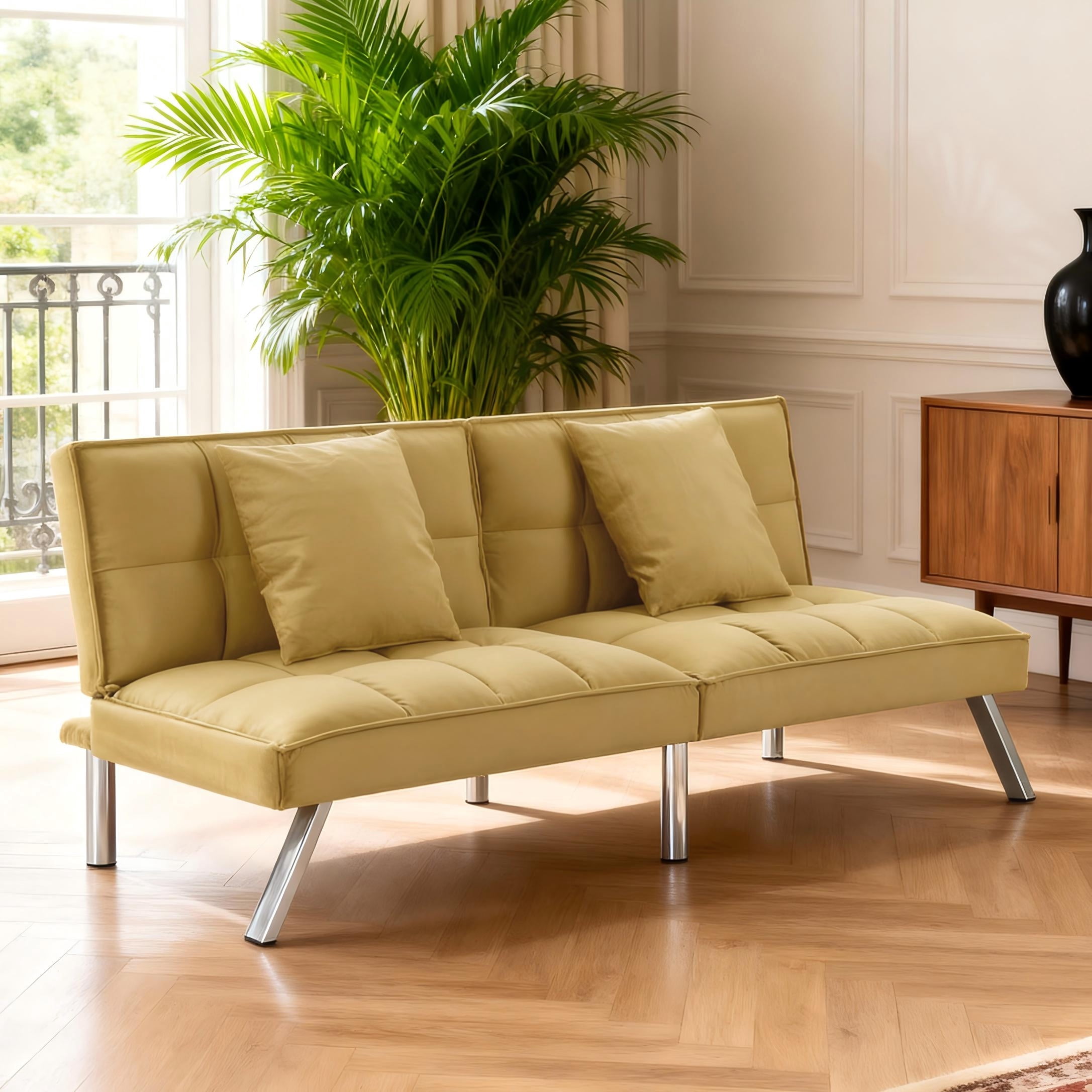 BSHTI 67.7" Futon Sofa Bed, Velvet Upholstery, Features an 5 Adjustable Angled Backrest, Snug Square Arms, and Metal Legs, for your Home, Office, or Guest Room, Olive