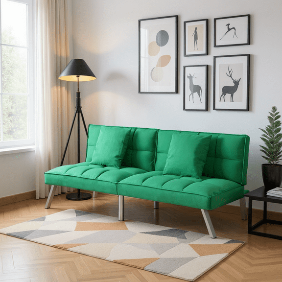 BSHTI 67.7” Velvet Futon Sofa Bed with 5-Position Adjustable Backrest and 2 Pillows, Convertible Sleeper for Living Room, Office, or Guest Room (Green)