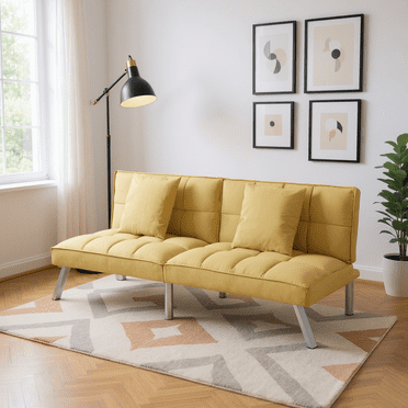 BSHTI 67.7” Velvet Futon Sofa Bed with 5-Position Adjustable Backrest and 2 Pillows, Convertible Sleeper for Living Room, Office, or Guest Room(Olive)