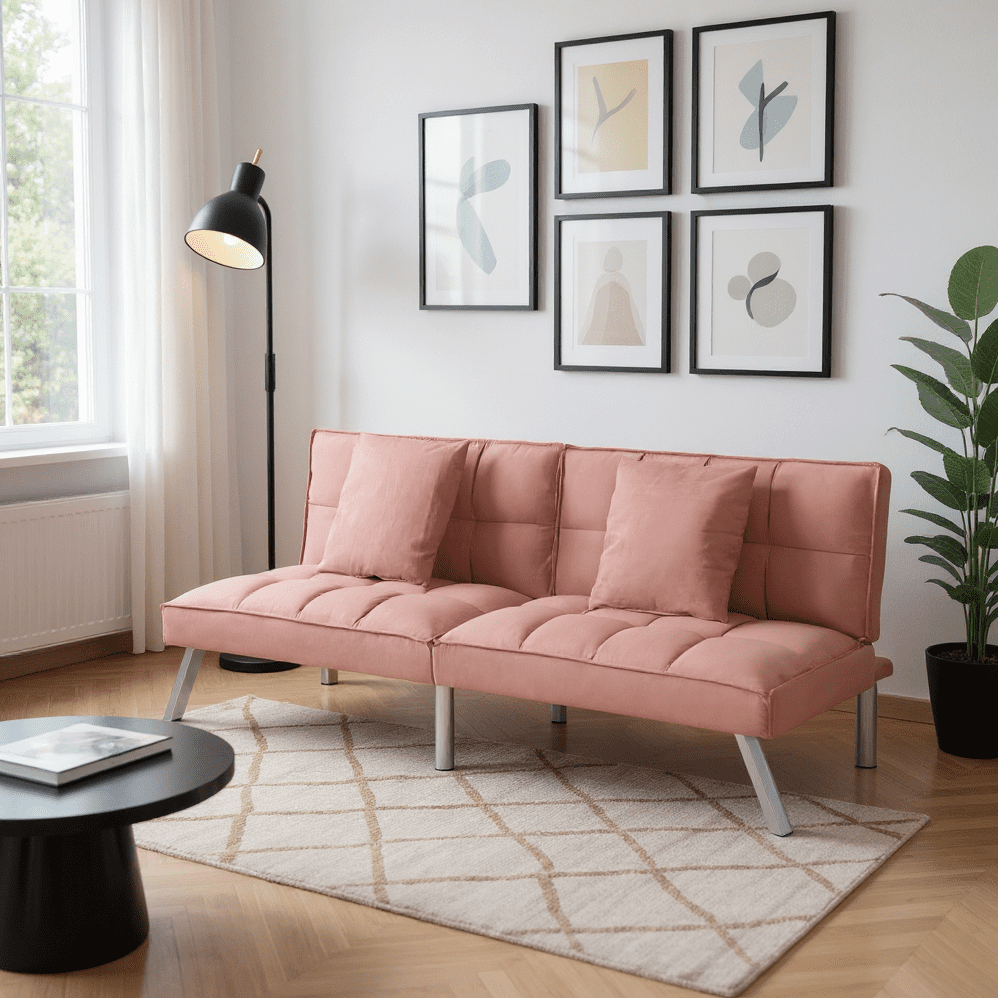 BSHTI 67.7” Velvet Futon Sofa Bed with 5-Position Adjustable Backrest and 2 Pillows, Convertible Sleeper for Living Room, Office, or Guest Room(Rose Red)
