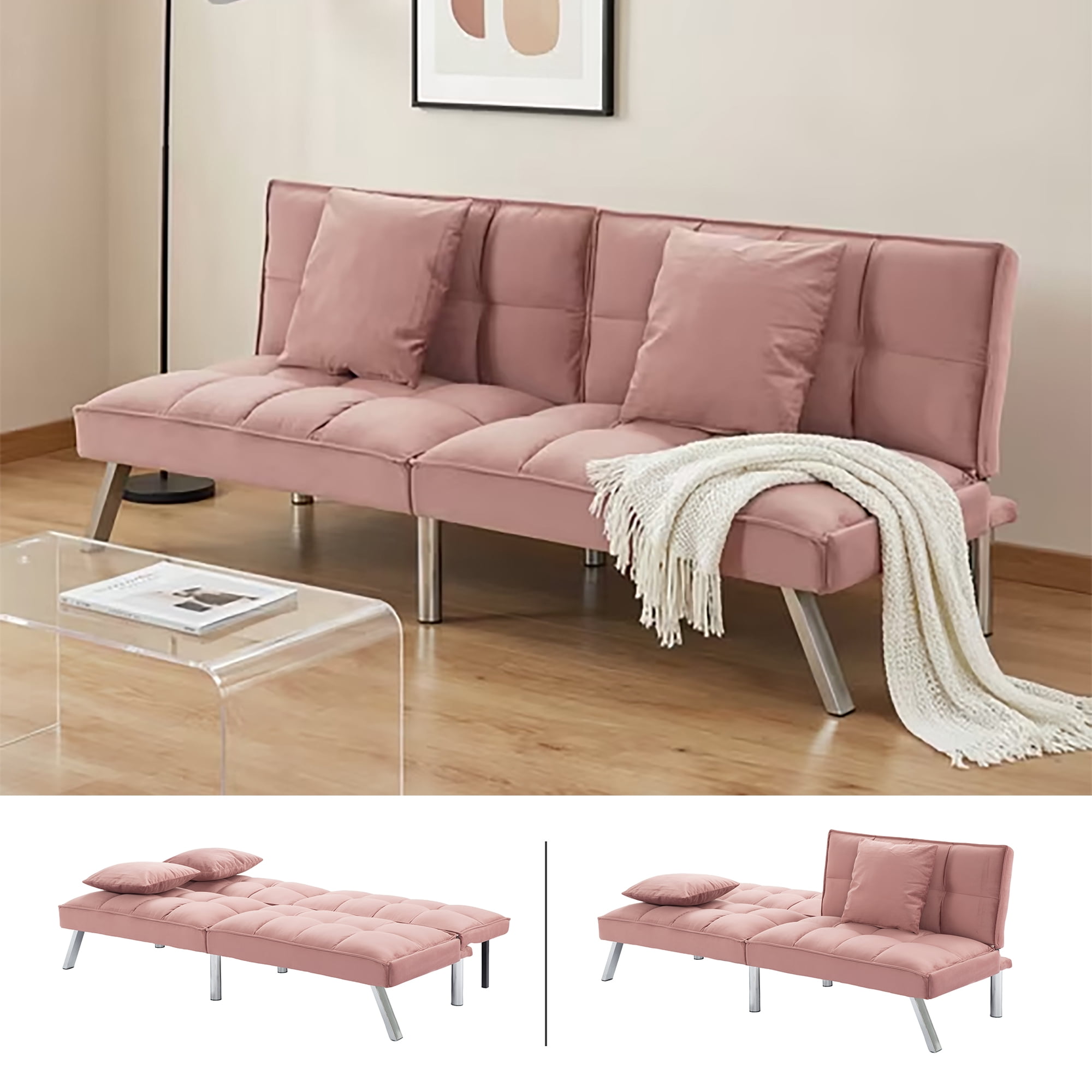 BSHTI 67.7” Velvet Fabric Futon Sofa Bed, Convert to Sofa Bed with functioning futon sleeper Recliner, Twin Sleeper Couch,5-Level Adjustable Backrest Backrest, Living Room and Office Use（Rose Red）