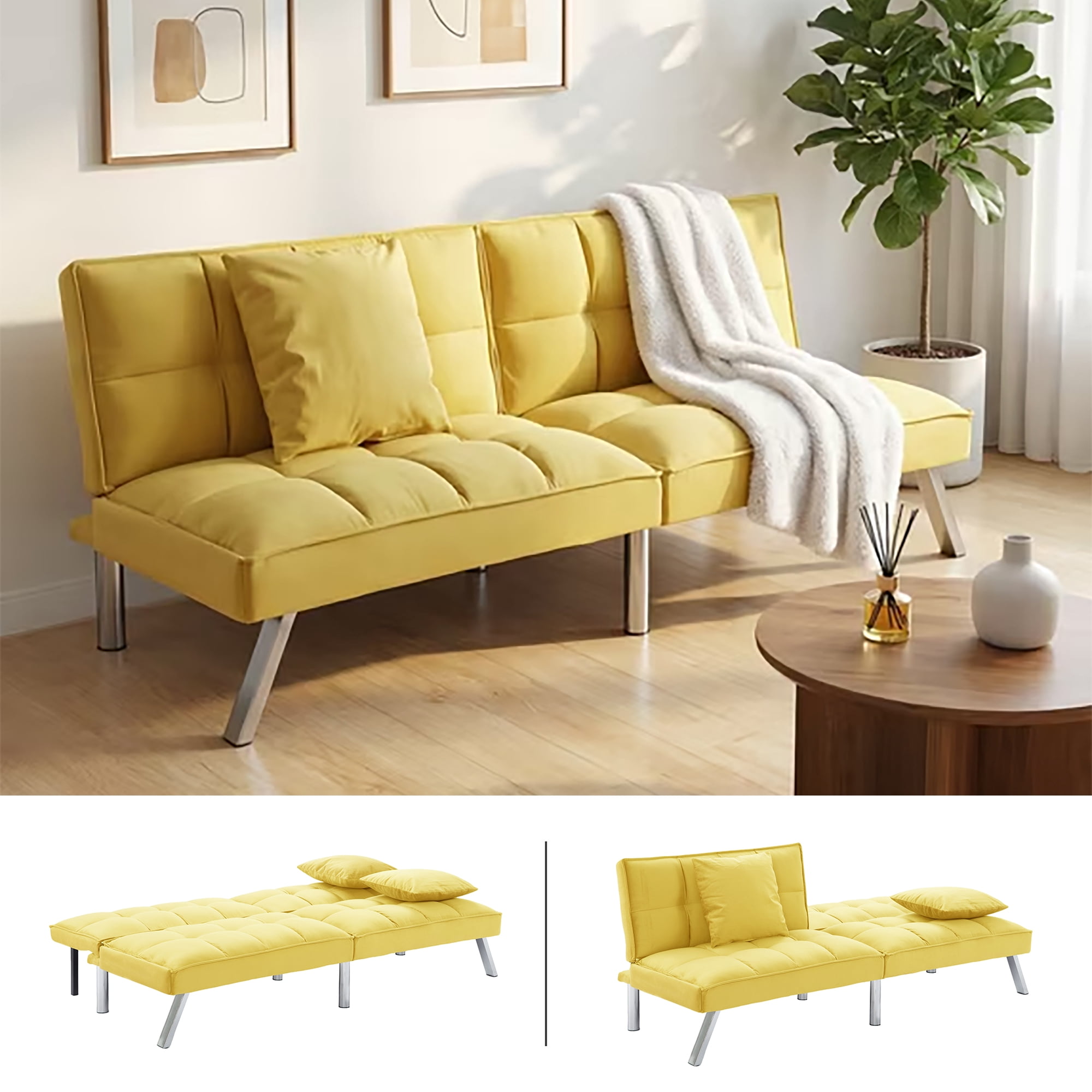 BSHTI 73” Velvet Fabric Futon Sofa Bed, Convertible Sofa Bed with Adjustable Split-Back Recliner, Twin Sleeper Couch, 5-Level Backrest Adjustment, Living Room, Bedroom & Office （Yellow）