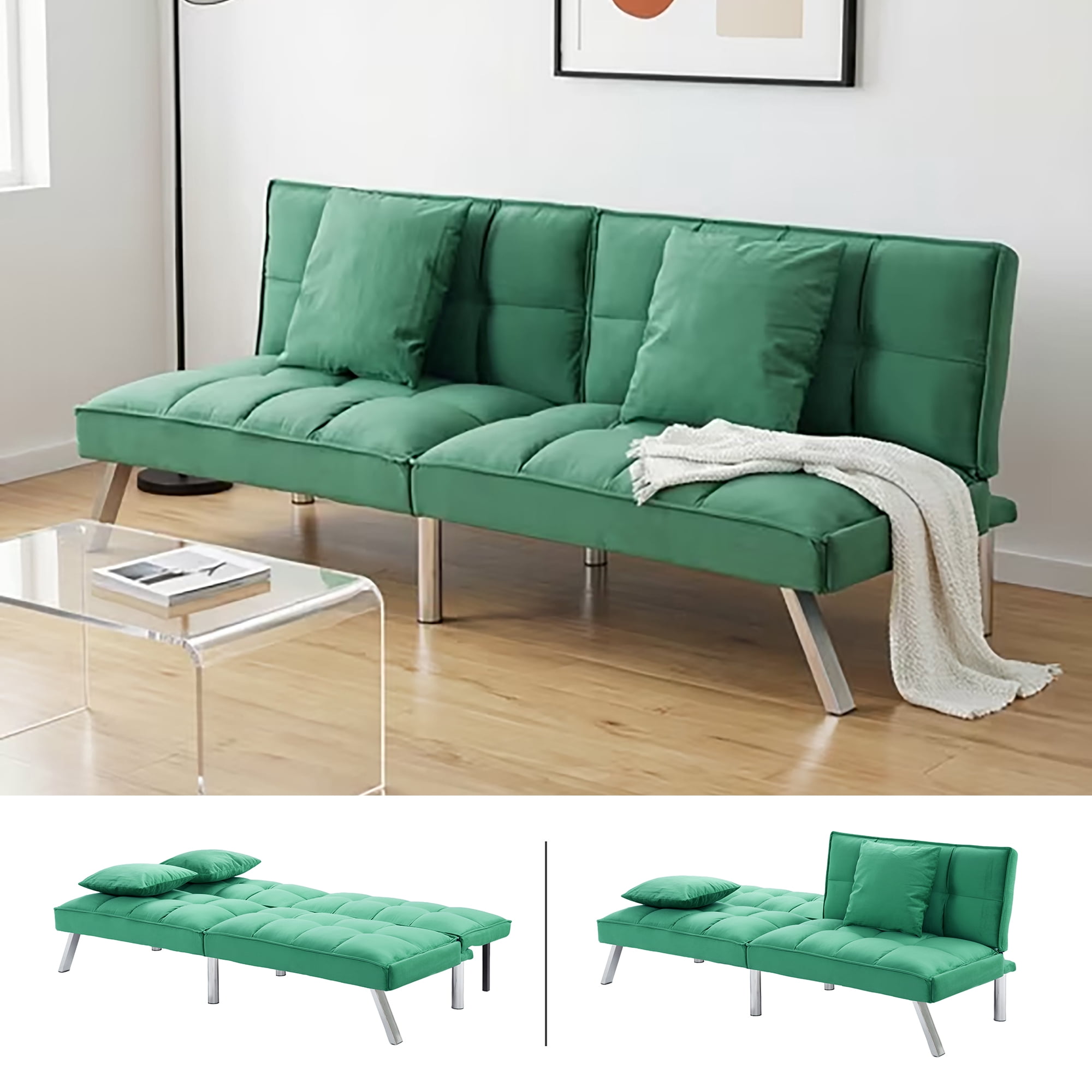 BSHTI 67.7” Velvet Fabric Futon Sofa Bed, Convert to Sofa Bed with functioning futon sleeper Recliner, Twin Sleeper Couch,5-Level Adjustable Backrest Backrest, Living Room and Office Use（Green）