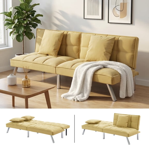 BSHTI 67.7" Velvet Futon Sofa Bed – 5-Position Adjustable Split-Back, Convertible Sleeper Couch with Tufted Upholstery, Metal Legs & 2 Toss Pillows, for Living Room, Office, Guest Room（Olive）