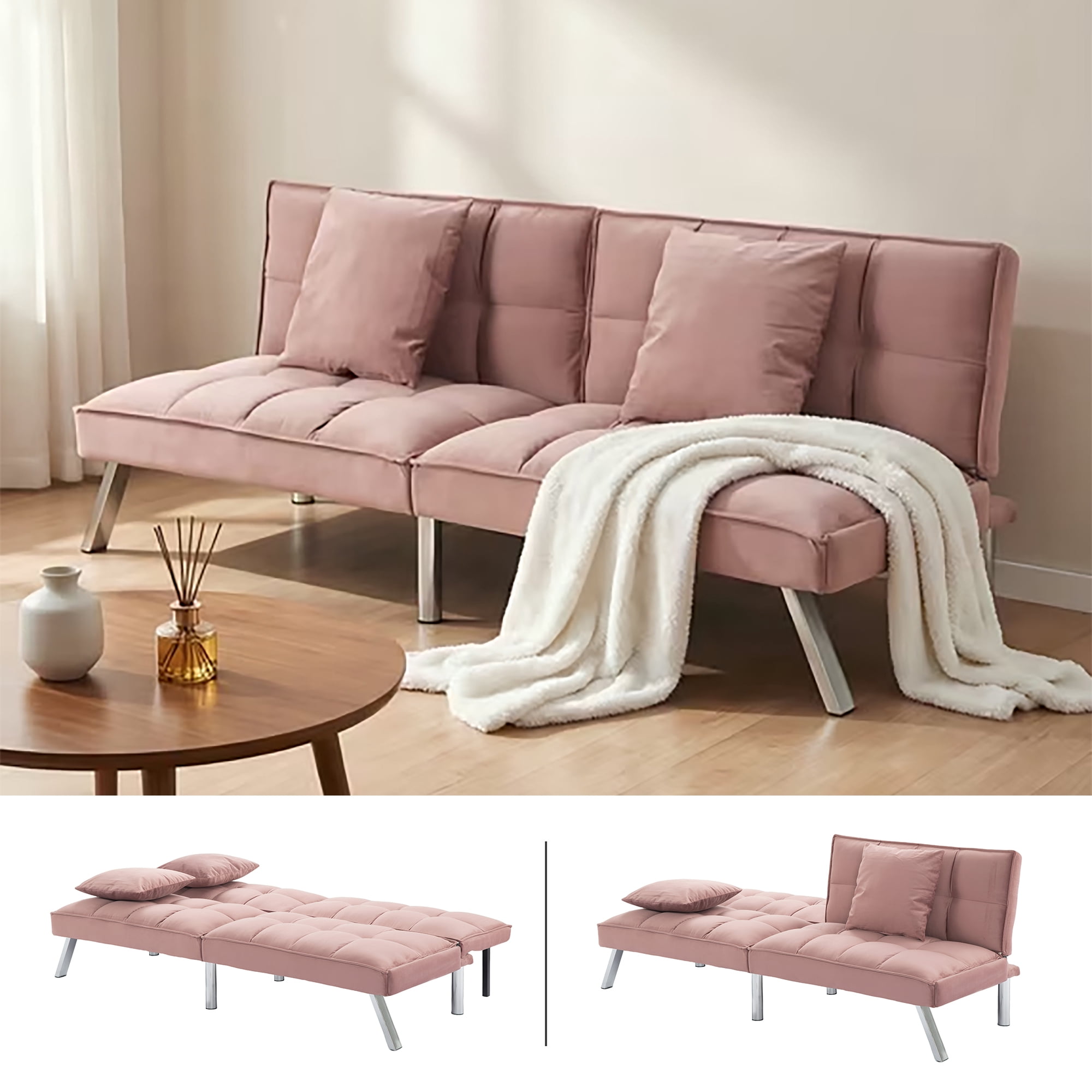 BSHTI 67.7” Velvet Fabric Futon Sofa Bed, Convert to Sofa Bed with functioning futon sleeper Recliner, Twin Sleeper Couch,5-Level Adjustable Backrest Backrest, Living Room and Office Use（Pink）