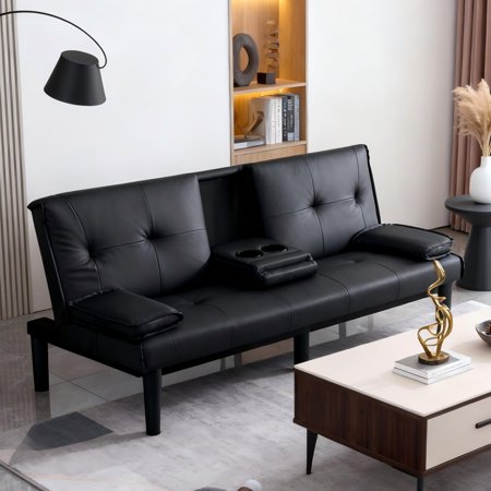 BSHTI 67-inch Foldable Futon Sleeper with S-Spring Support, 2-Seater Convertible Sofa Bed, PVC Faux Leather, Simple Assembly, Black