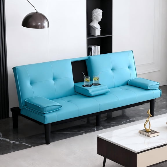 BSHTI 67-inch Foldable Futon Sleeper with S-Spring Support, 2-Seater Convertible Sofa Bed, PVC Faux Leather, Simple Assembly, Blue