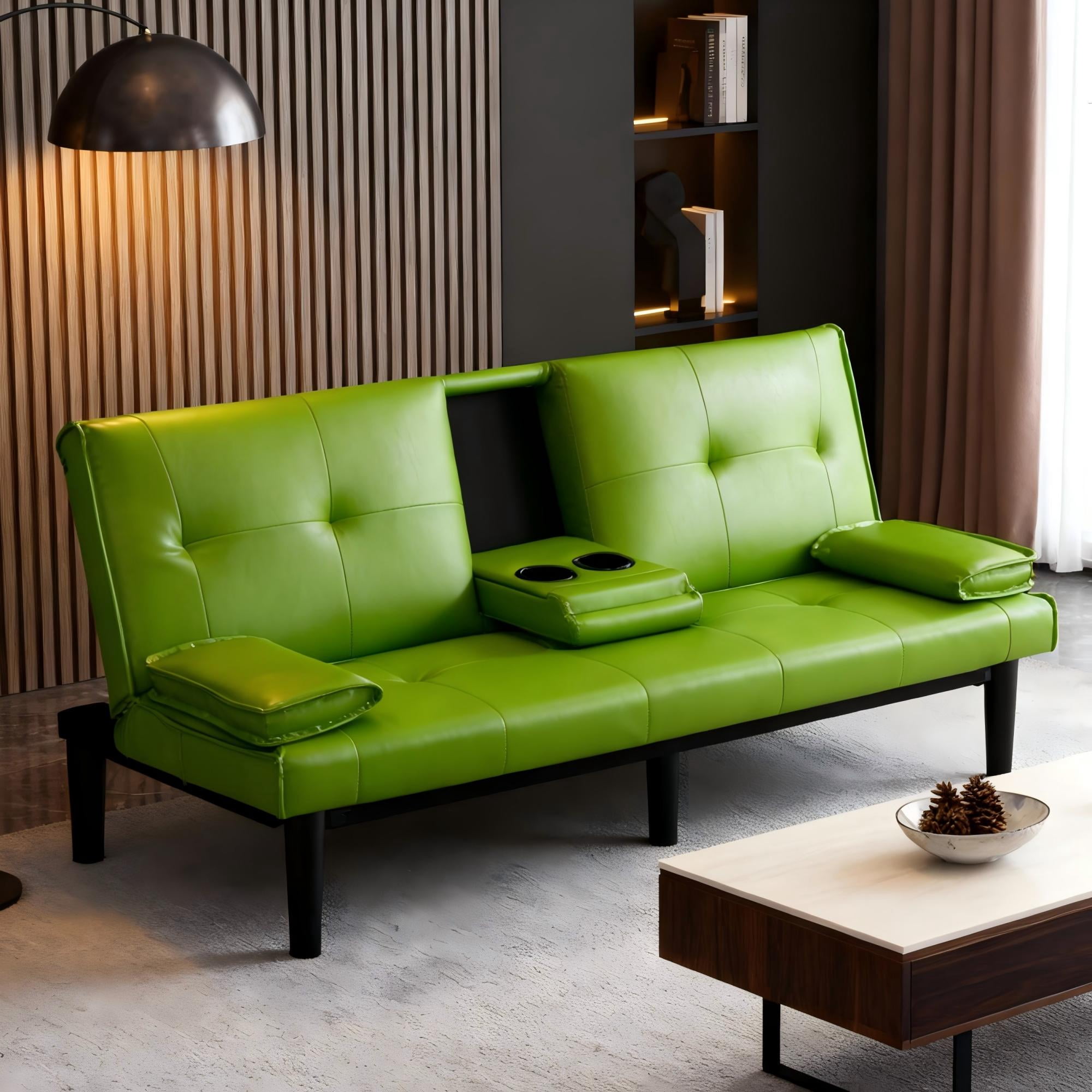 BSHTI 67-inch Foldable Futon Sleeper with S-Spring Support, 2-Seater Convertible Sofa Bed, PVC Faux Leather, Simple Assembly, Green