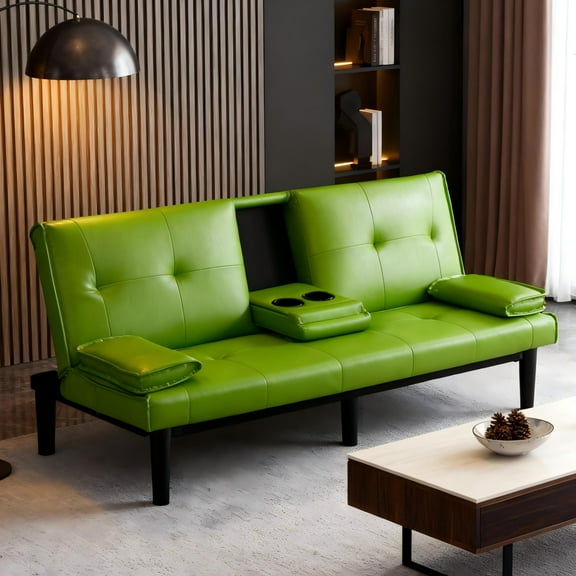 BSHTI 67-inch Foldable Futon Sleeper with S-Spring Support, 2-Seater Convertible Sofa Bed, PVC Faux Leather, Simple Assembly, Green