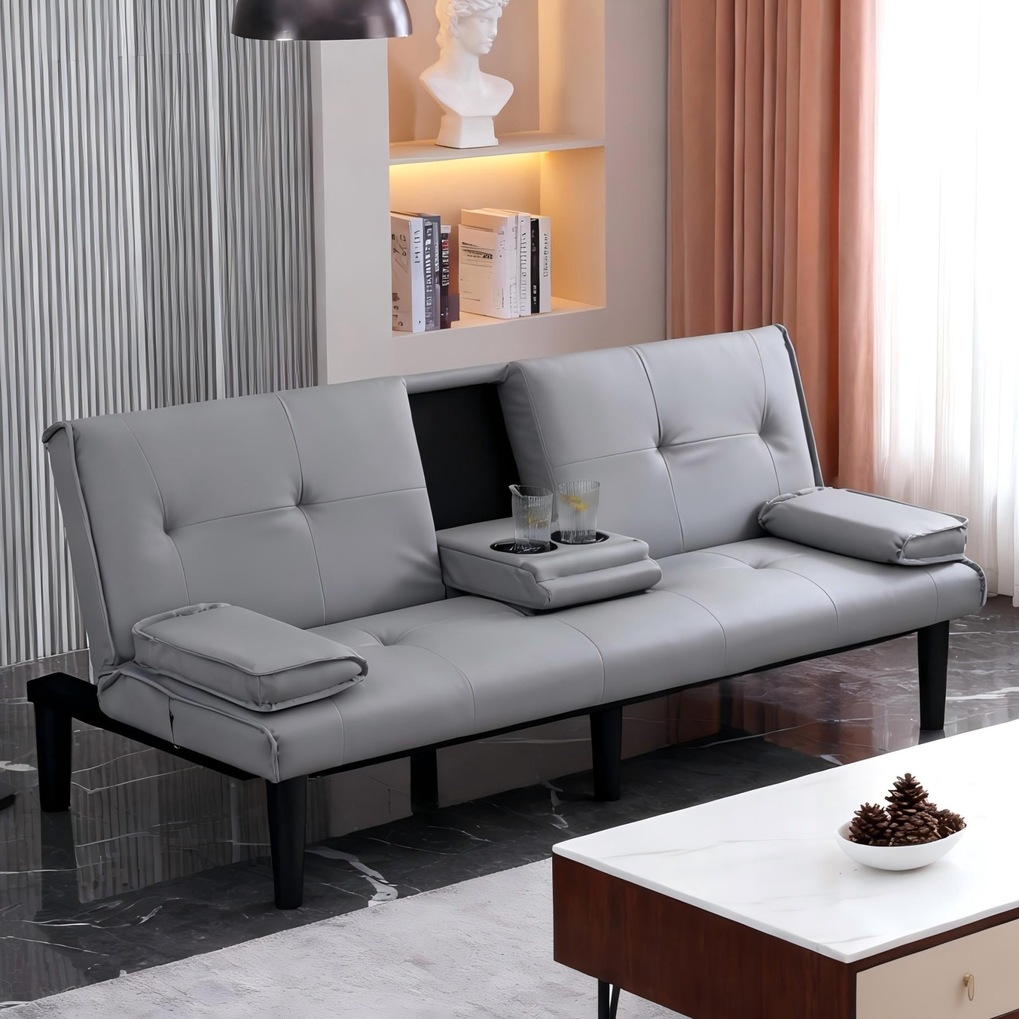 BSHTI 67-inch Foldable Futon Sleeper with S-Spring Support, 2-Seater Convertible Sofa Bed, PVC Faux Leather, Simple Assembly, Light Gray