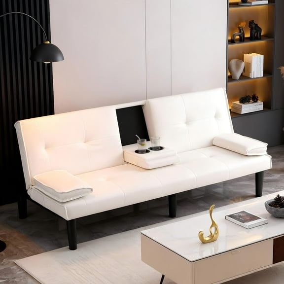 BSHTI 67-inch Foldable Futon Sleeper with S-Spring Support, 2-Seater Convertible Sofa Bed, PVC Faux Leather, Simple Assembly, White