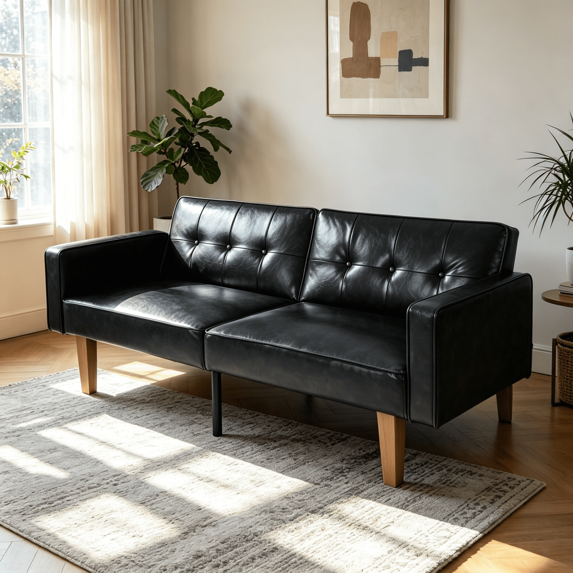 BSHTI 68.11" PU Convertible Sofa Bed with Adjustable 3-Position Backrest, Button-Tufted Split Back for Living Room/Office(Black)