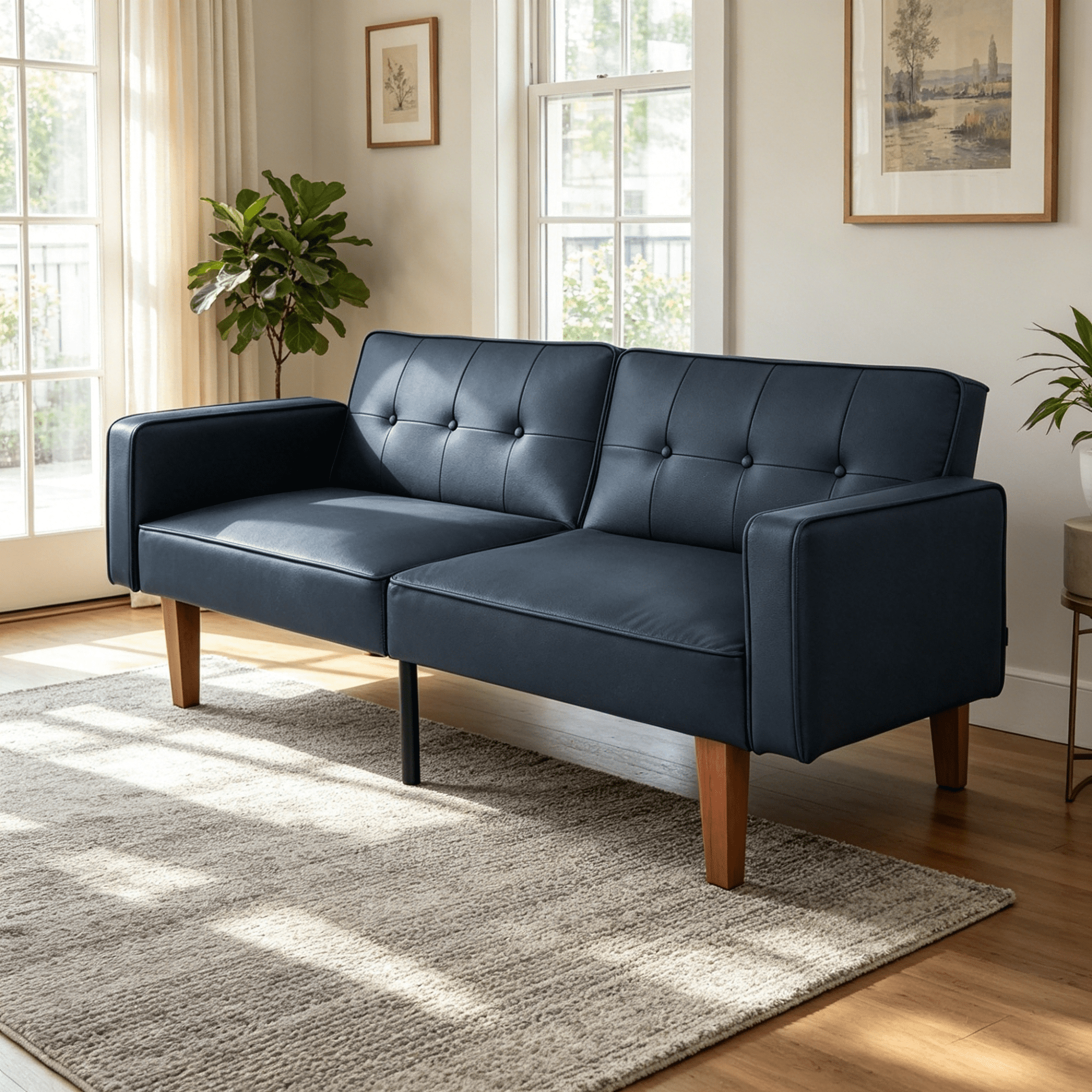 BSHTI 68.11" Futon Convertible Sofa Bed with 3-Position Adjustable Backrest, Button-Tufted Split Back for Living Room/Office（Black Matte）
