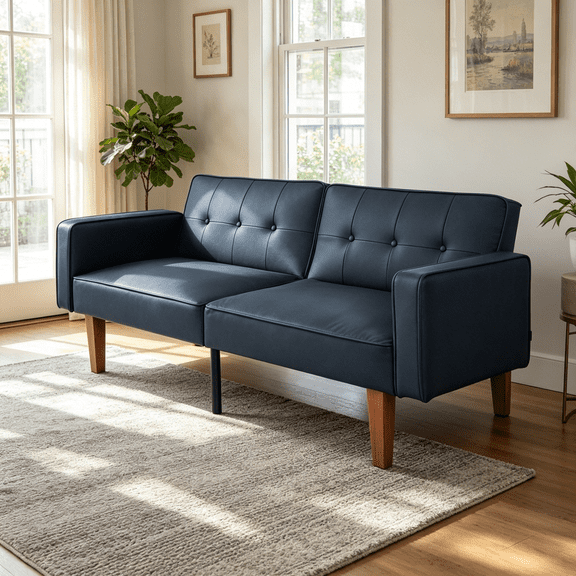 BSHTI 68.11" Futon Convertible Sofa Bed with 3-Position Adjustable Backrest, Button-Tufted Split Back for Living Room/Office(Black Matte)