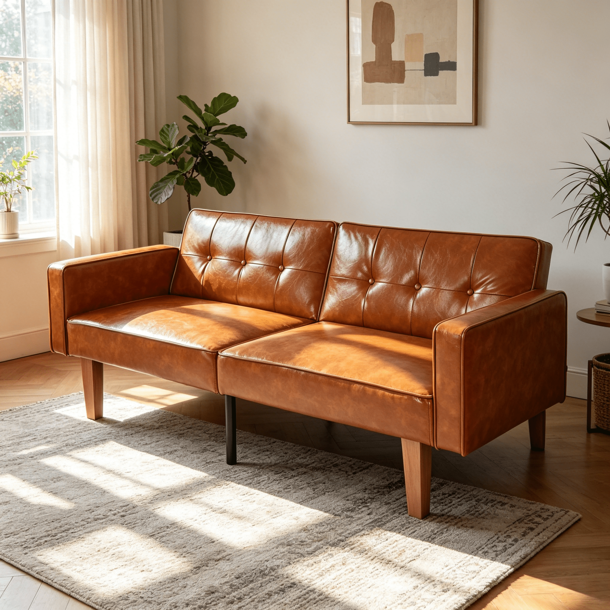 BSHTI 68.11" PU Convertible Sofa Bed with Adjustable 3-Position Backrest, Button-Tufted Split Back for Living Room/Office( Brown)