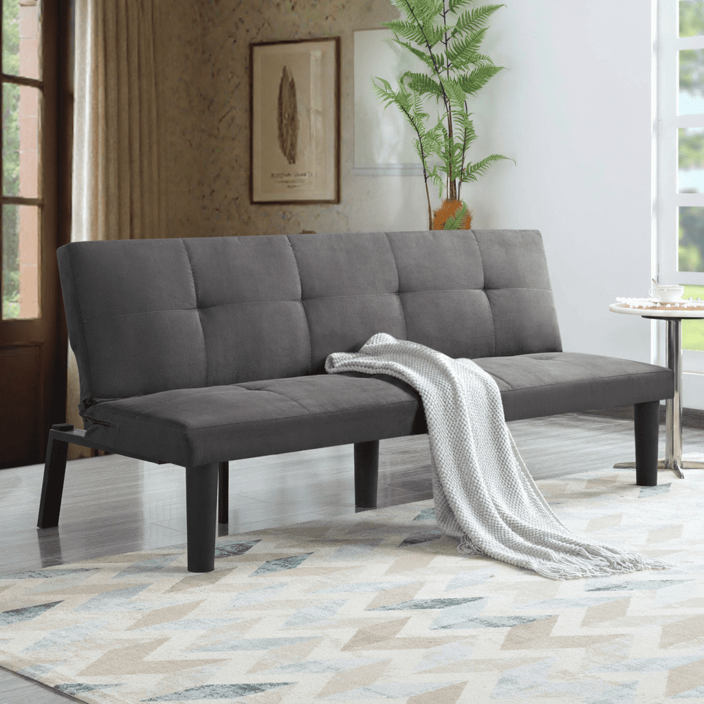 BSHTI 68.9” Futon Sofa Bed,Faux Suede Upholstered,Twin Size Convertible Sofas,with 3 Adjustable Positions,Armless,Plastic Front Legs and Metal Back Legs(Dark Gray)