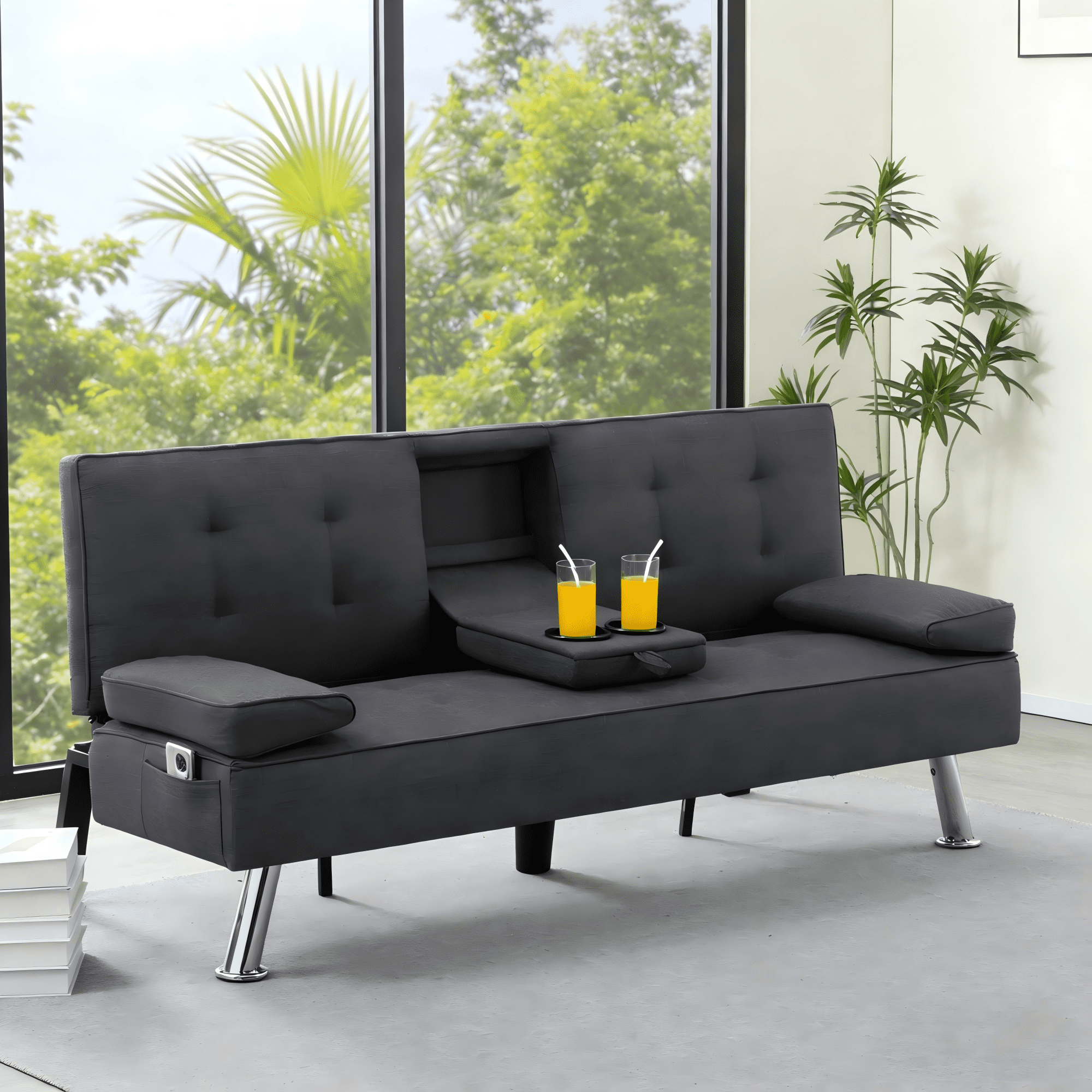 BSHTI 69.49” Twin Size Futon Sofa Bed with Cup Holders – 5-Position Adjustable Sleeper, Polyester Upholstery, Storage Side Pocket, Removable Arm Cushions, Easy Conversion, Dark Grey