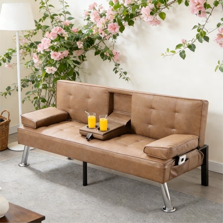 BSHTI 69.49" Convertible Futon Sofa Bed with Drop Down Cup Holders, 5-Position Adjustable Backrest, Side Storage Pocket, Removable Arm Cushions for Small Space, Tan