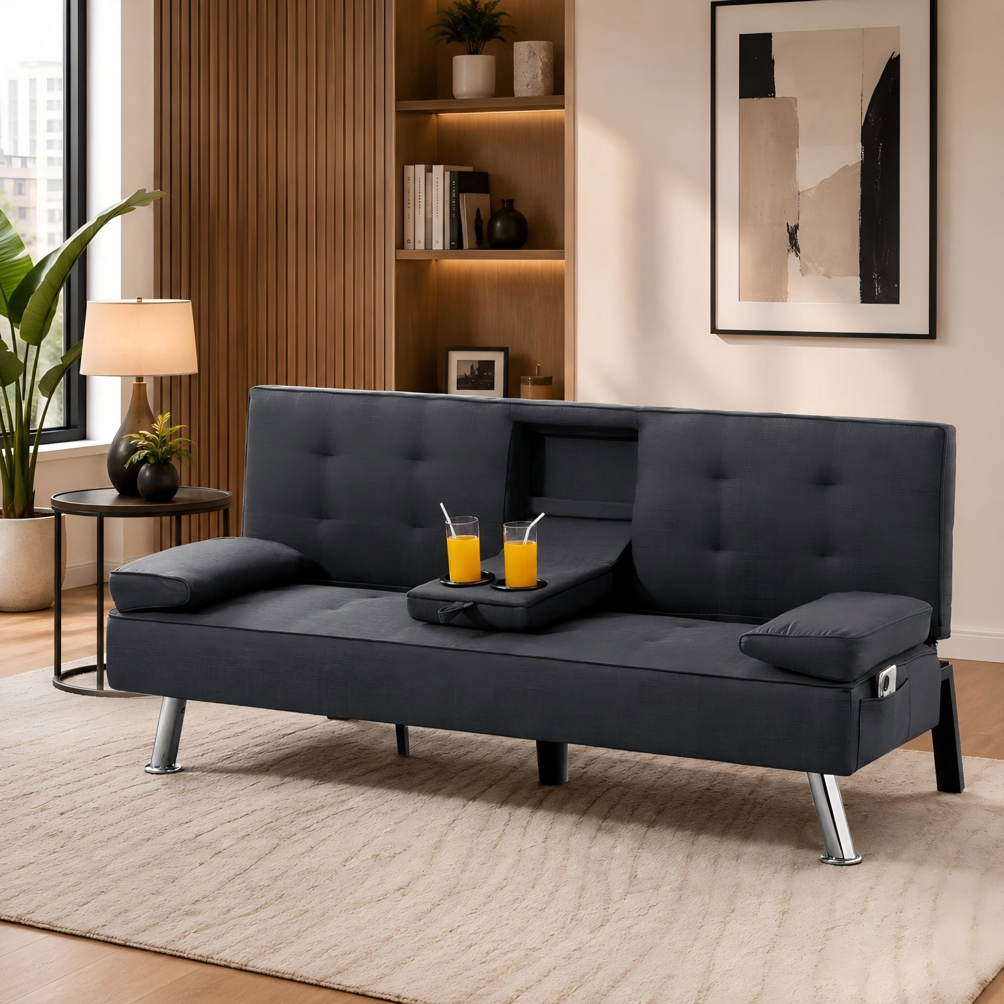 BSHTI 69.49" Fabric Convertible Futon Sofa Bed with Drop-Down Console, 2 Cup Holders, 5-Position Backrest, Side Pocket for Living Room（Dark Grey）