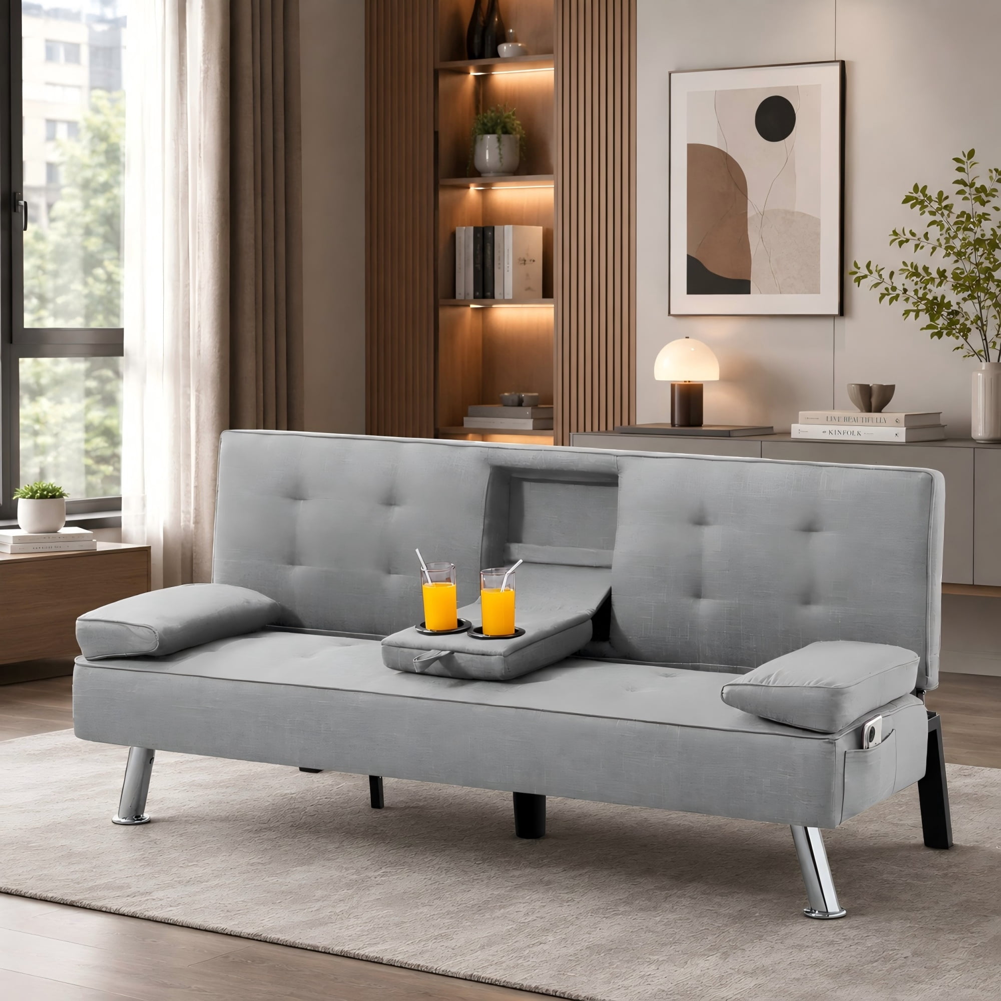BSHTI 69.49" Fabric Convertible Futon Sofa Bed with Drop-Down Console, 2 Cup Holders, 5-Position Backrest, Side Pocket for Living Room（Light Gray）