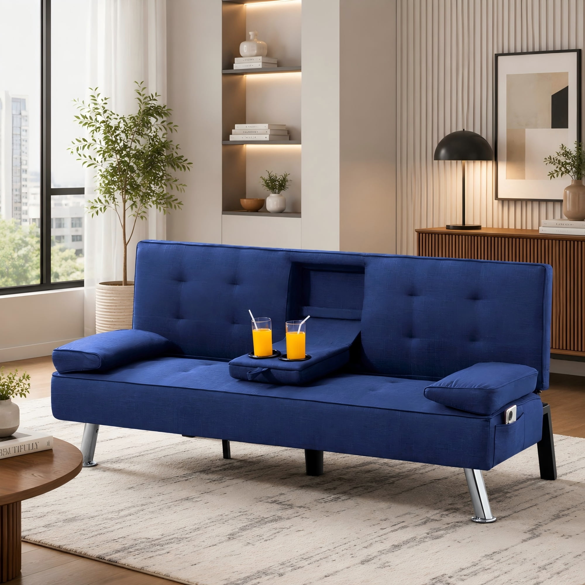 BSHTI 69.49" Fabric Convertible Futon Sofa Bed with Drop-Down Console, 2 Cup Holders, 5-Position Backrest, Side Pocket for Living Room（Navy Blue）