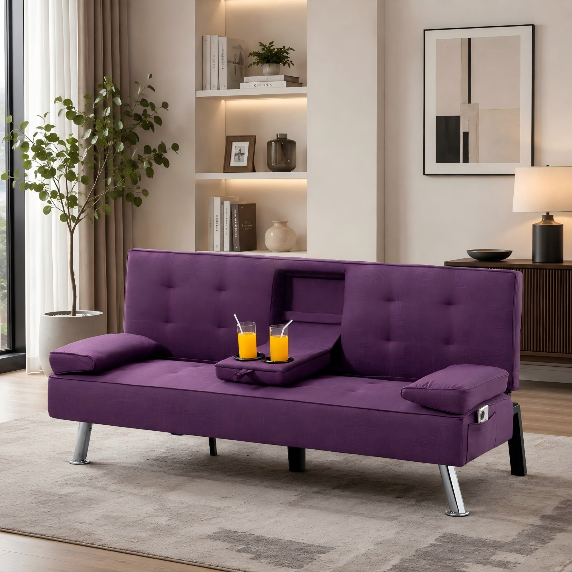 BSHTI 69.49" Fabric Convertible Futon Sofa Bed with Drop-Down Console, 2 Cup Holders, 5-Position Backrest, Side Pocket for Living Room（Purple）