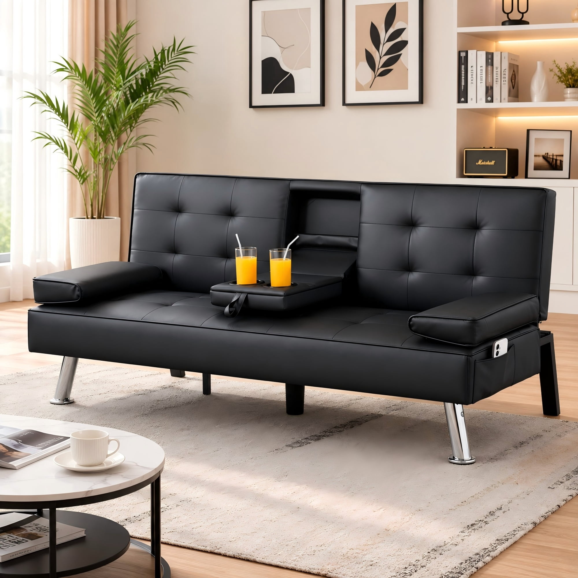 BSHTI 69.49" PU Upholstered Convertible Futon Sofa Bed with Drop-Down Console, 2 Cup Holders, 5-Position Backrest, Side Pocket for Living Room（Black）