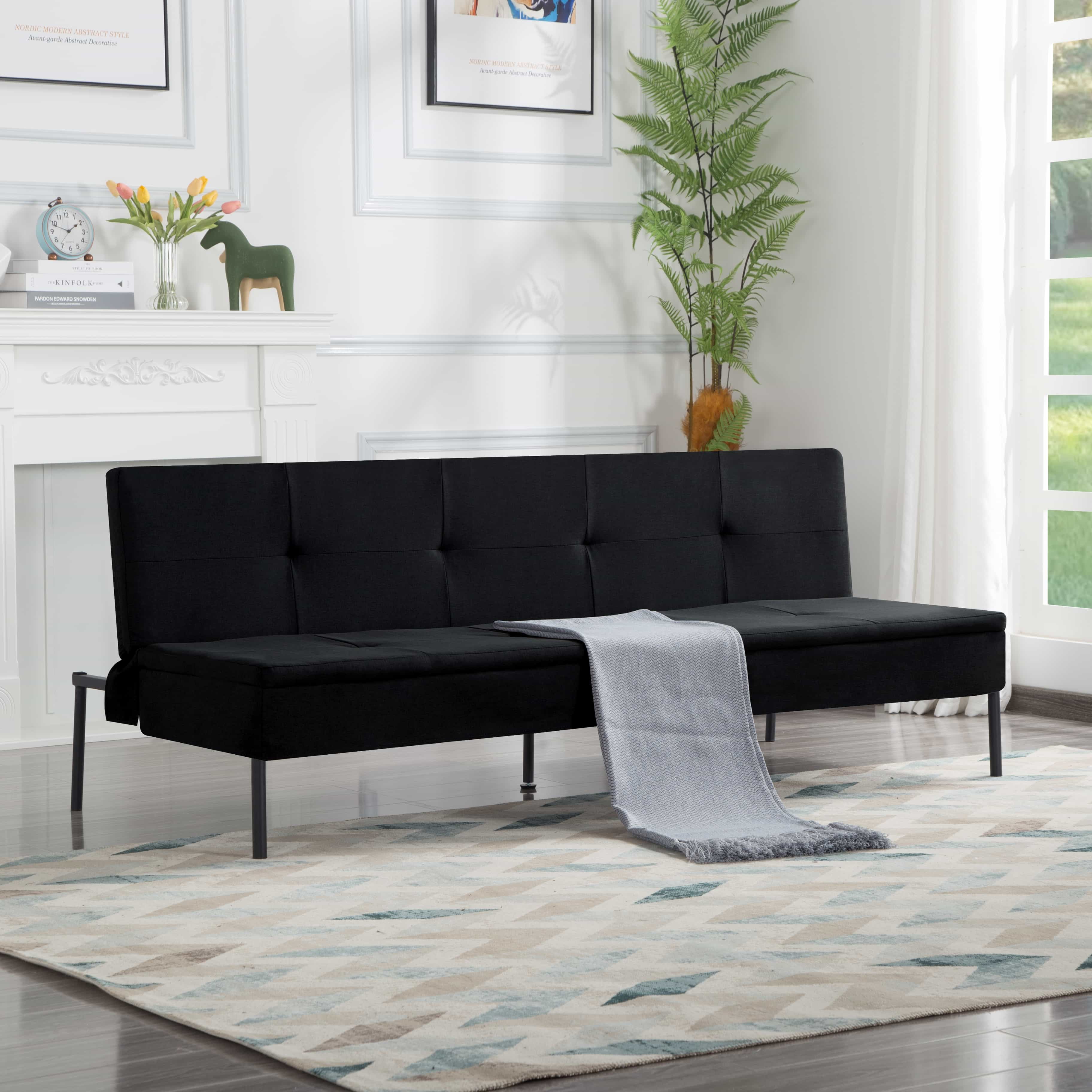 BSHTI 69.5 inch Futon Sofa Bed,Convertible Upholstered Polyester Fabric Sofa Couch for Livingroom(Black)
