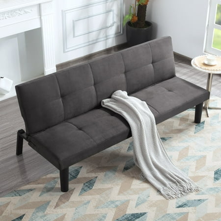 BSHTI 68.9”Futon Sofa Bed,Backrest has 3 Adjustable Positions,Twin Size Armless Convertible Sofas,Perfect for Small Spaces Faux Suede Dark Gray