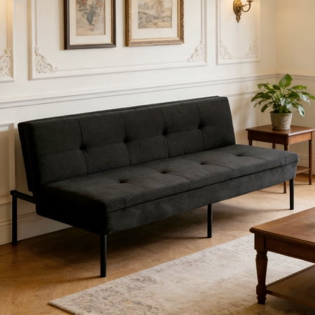 BSHTI 69.88" Futon Sofa Bed with 5 Adjustable Positions – Polyester Fabric Convertible Sleeper Couch with Iron Frame, Clean-Lined Modern Design for Living Room, Apartment, Office, Dormitory, Black