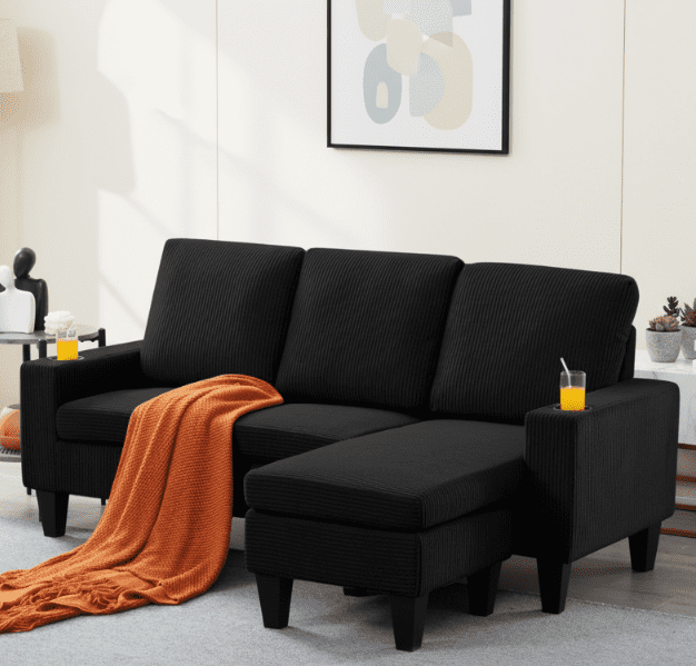 BSHTI 69.88 inch Modern Style Sectional L-Shaped Sofa Couch, 3-seater Sofa Couch with movable ottoman for Livingroom,Black