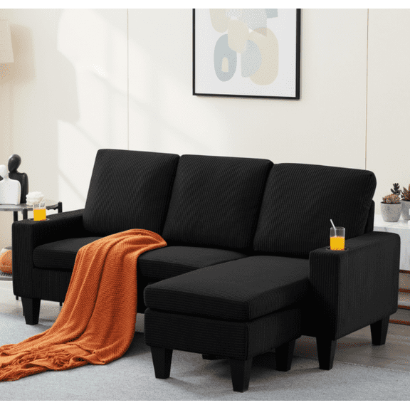 BSHTI 69.88 inch Modern Style Sectional L-Shaped Sofa Couch, 3-seater Sofa Couch with movable ottoman for Livingroom,Black