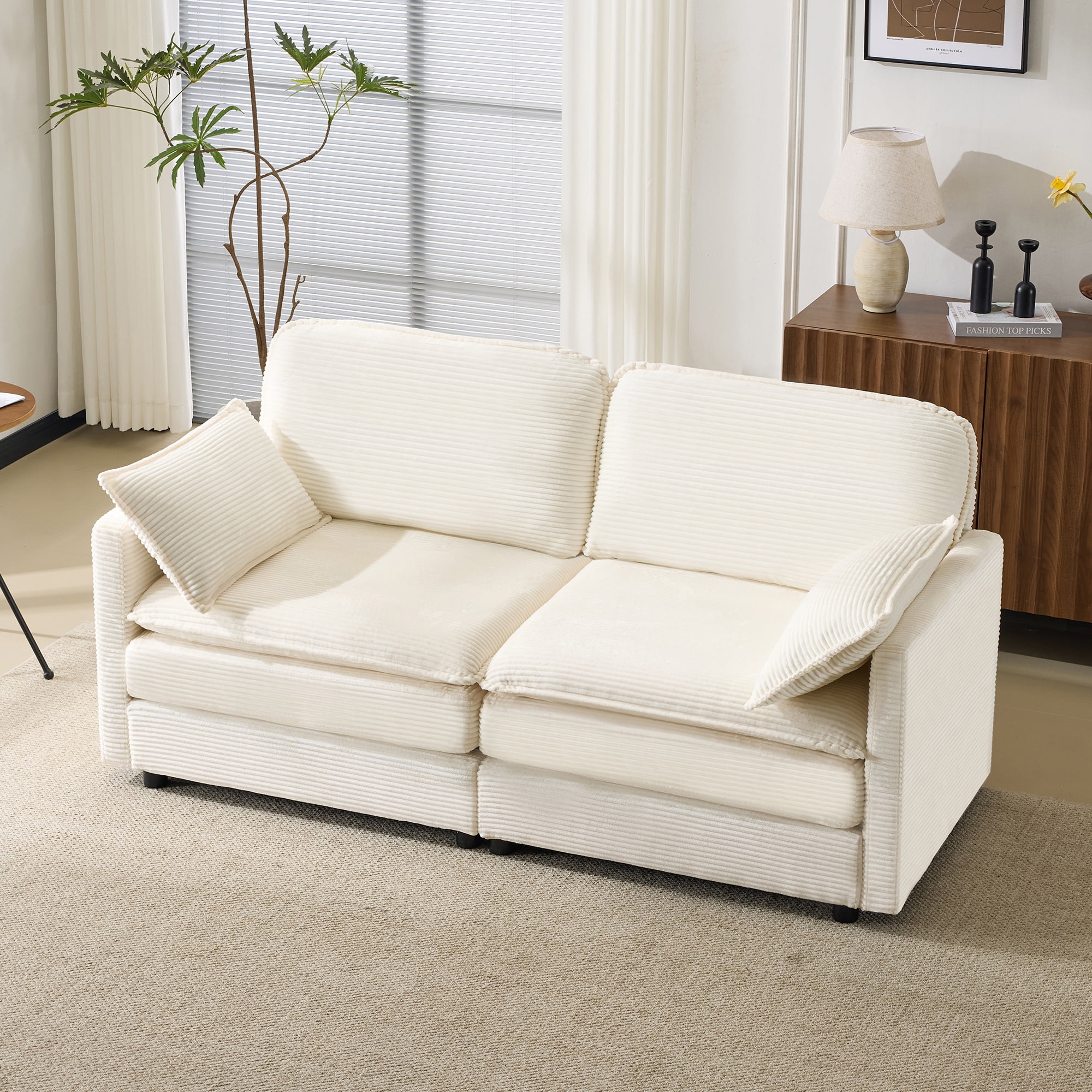 BSHTI 69 inch Corduroy Modular Sectional Sofa, Cloud Loveseat with 2 Throw Pillows, Modern Living Room Sofa for Small Apartment (Beige)