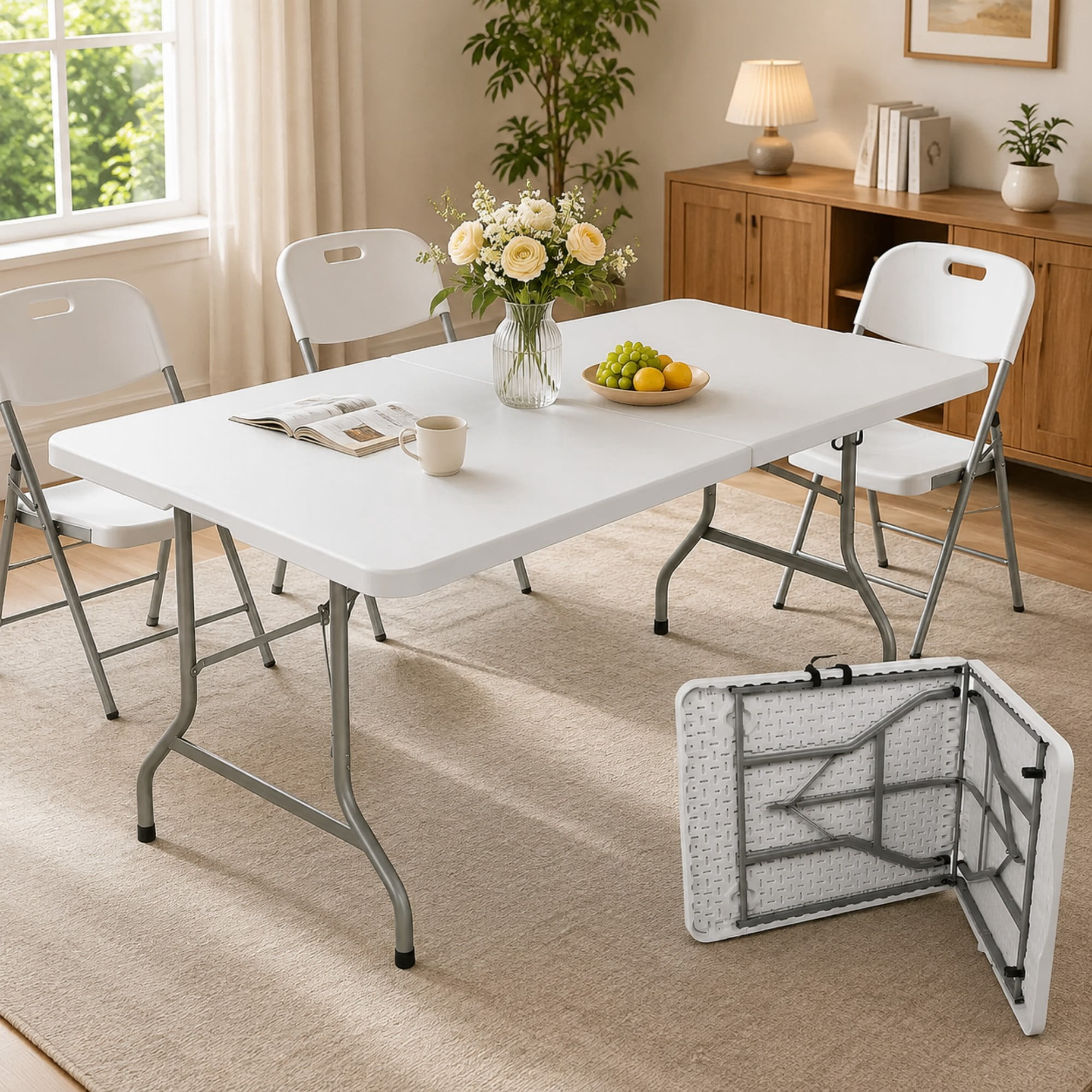 BSHTI 6ft Plastic Folding Table with HDPE Top, Carry Handle, Steel Legs for Parties，Camping，Dining（White）