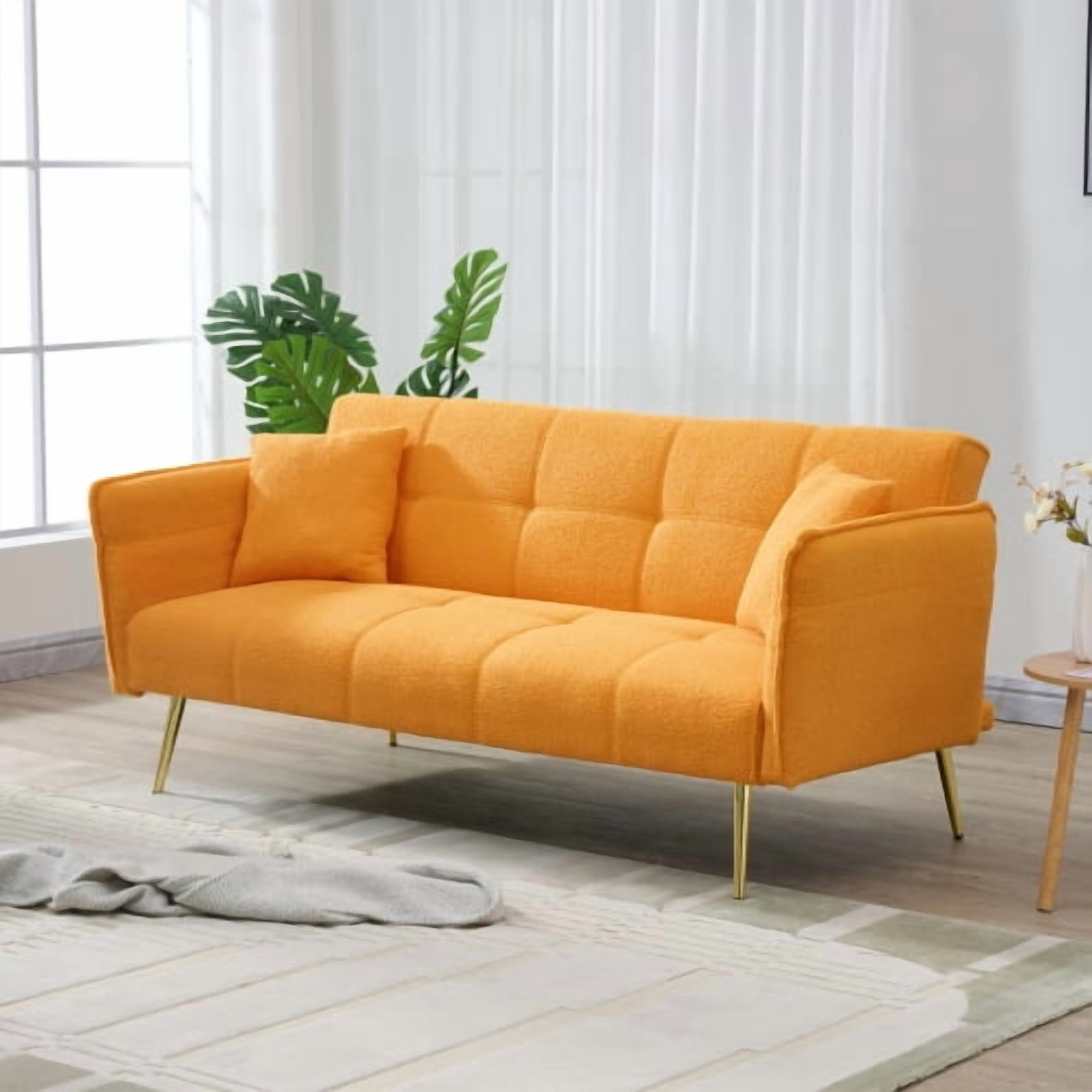 BSHTI 70.1 inch Futon Sofa Couch, Modern Convertible Double Sofa Bed with Folding Armrests for livingroom,Yellow