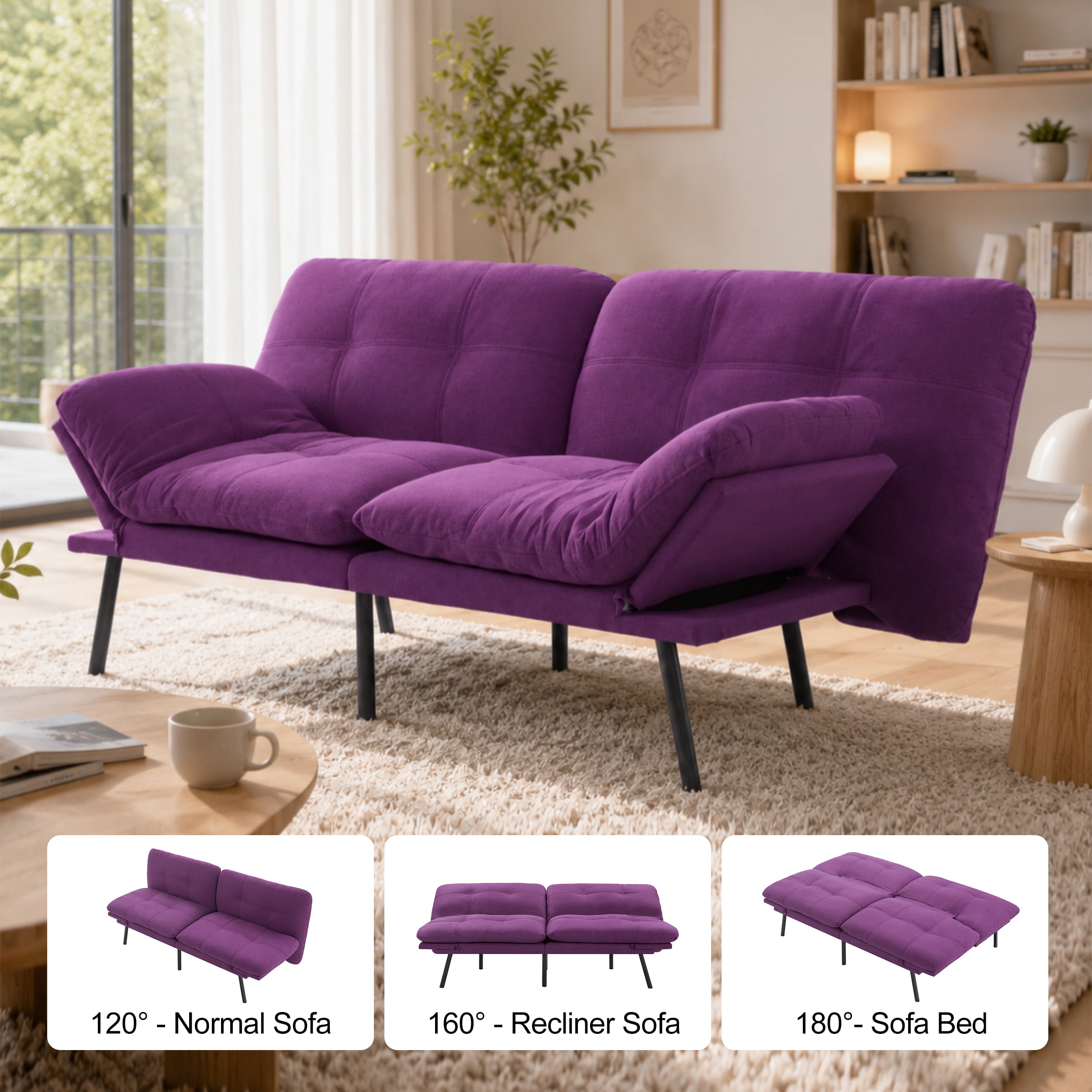 BSHTI 70.87" Convertible Futon Sofa Bed, Linen Fabric 2-Seater Sleeper Couch with 5-Level Adjustable Backrest & Armrests, Wood Frame Futon Couch for Living Room, Guest Room, Small Spaces