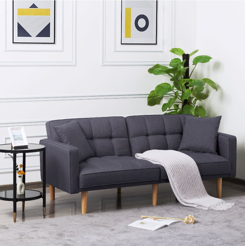 Bshti Comfortable Futon Sofa Bed Twin size Wood Frame Home Sleeper Couch with 2 Pillows Dark Gray