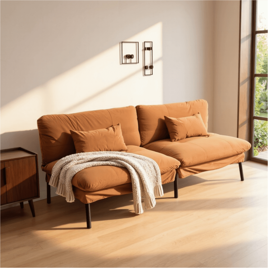 BSHTI 70" Velvet Convertible Futon Sofa Bed with Split Back & 5-Position Adjustment, Metal Frame, Tapered Legs, for Small Space & Guest Room, Orange