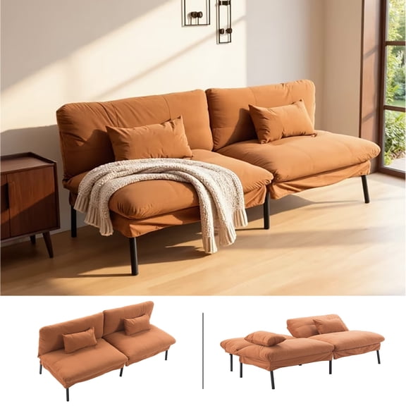 BSHTI 70" Convertible Futon Sofa Bed, Modern Velvet Folding Couch with 5-Position Adjustable Split Back & Metal Legs, Space-Saving Sleeper Futon for Living Room, Apartment, Office – Orange