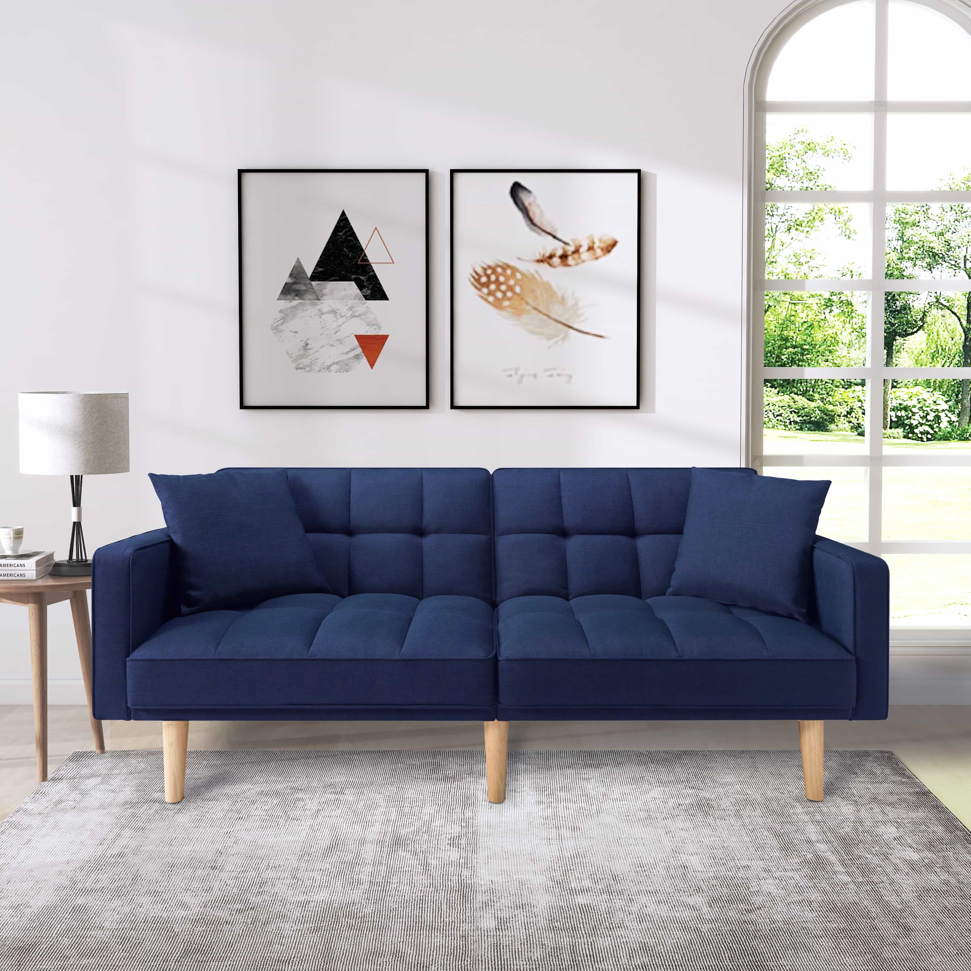 BSHTI 71.5 inch Modern Adult Futon Sofa Bed,Adult Sleeping Chouch with 2 Pillows for Livingroom,Navy Blue