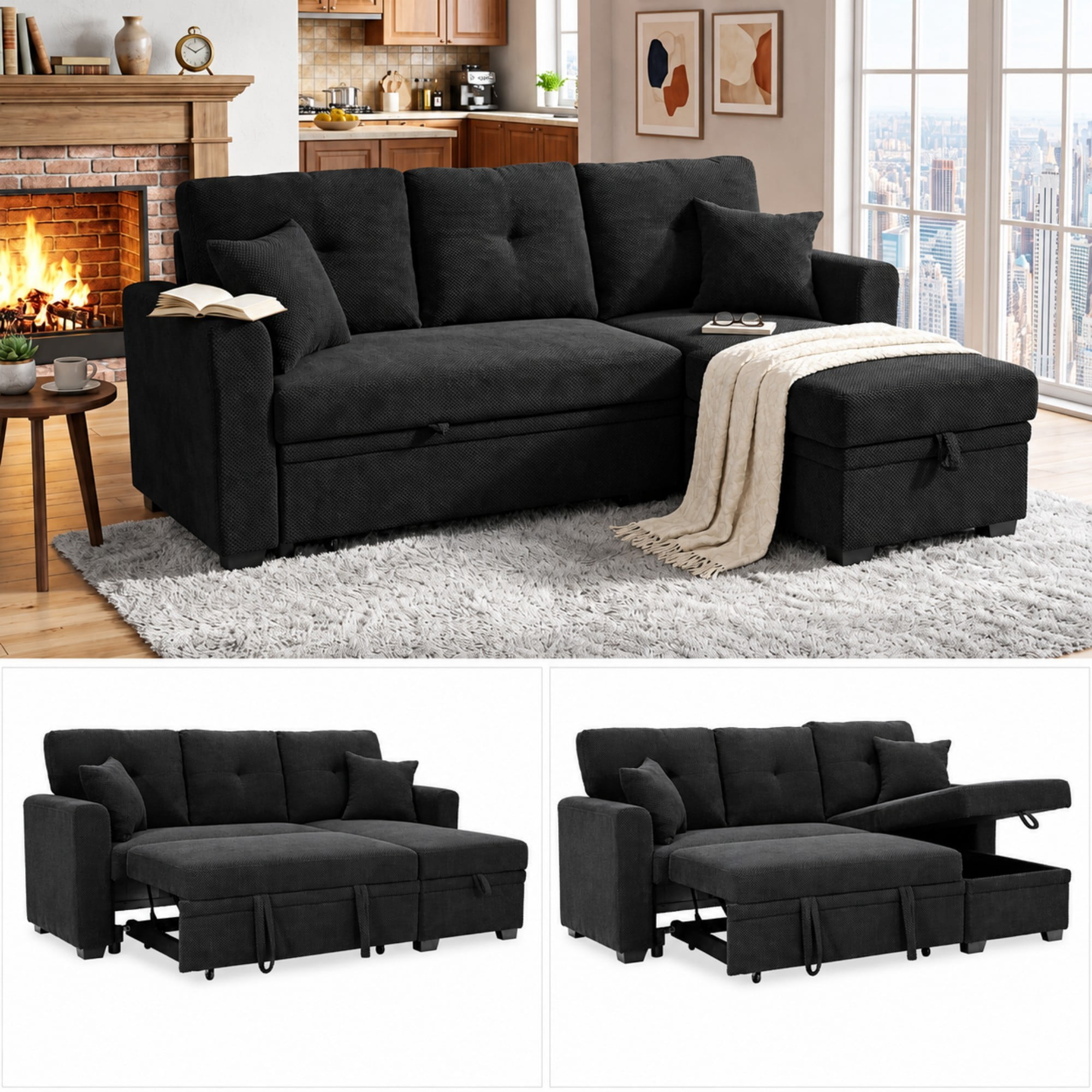 BSHTI 71"Foil Fabric L-Shaped Pull-Out Sleeper Sofa Bed with Reversible Chaise, Hidden Storage for Living Room（Black）