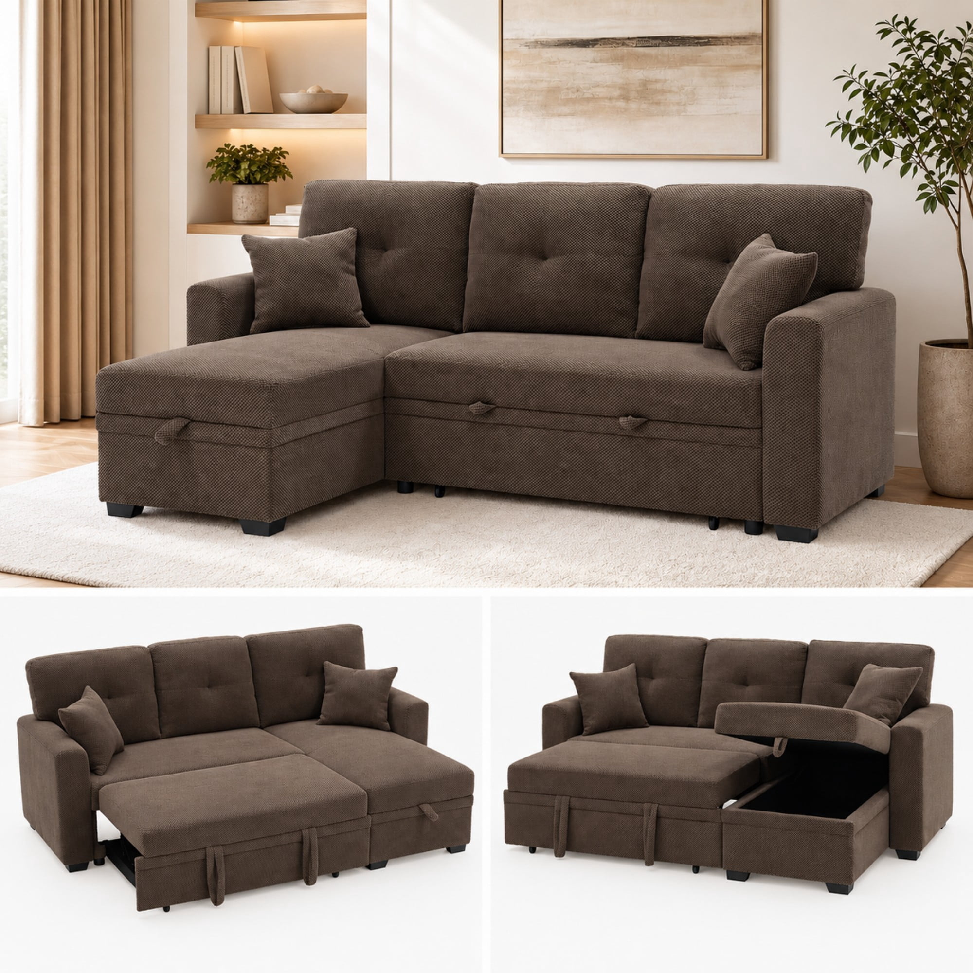 BSHTI 71"Foil Fabric L-Shaped Pull-Out Sleeper Sofa Bed with Reversible Chaise, Hidden Storage for Living Room（Coffee）
