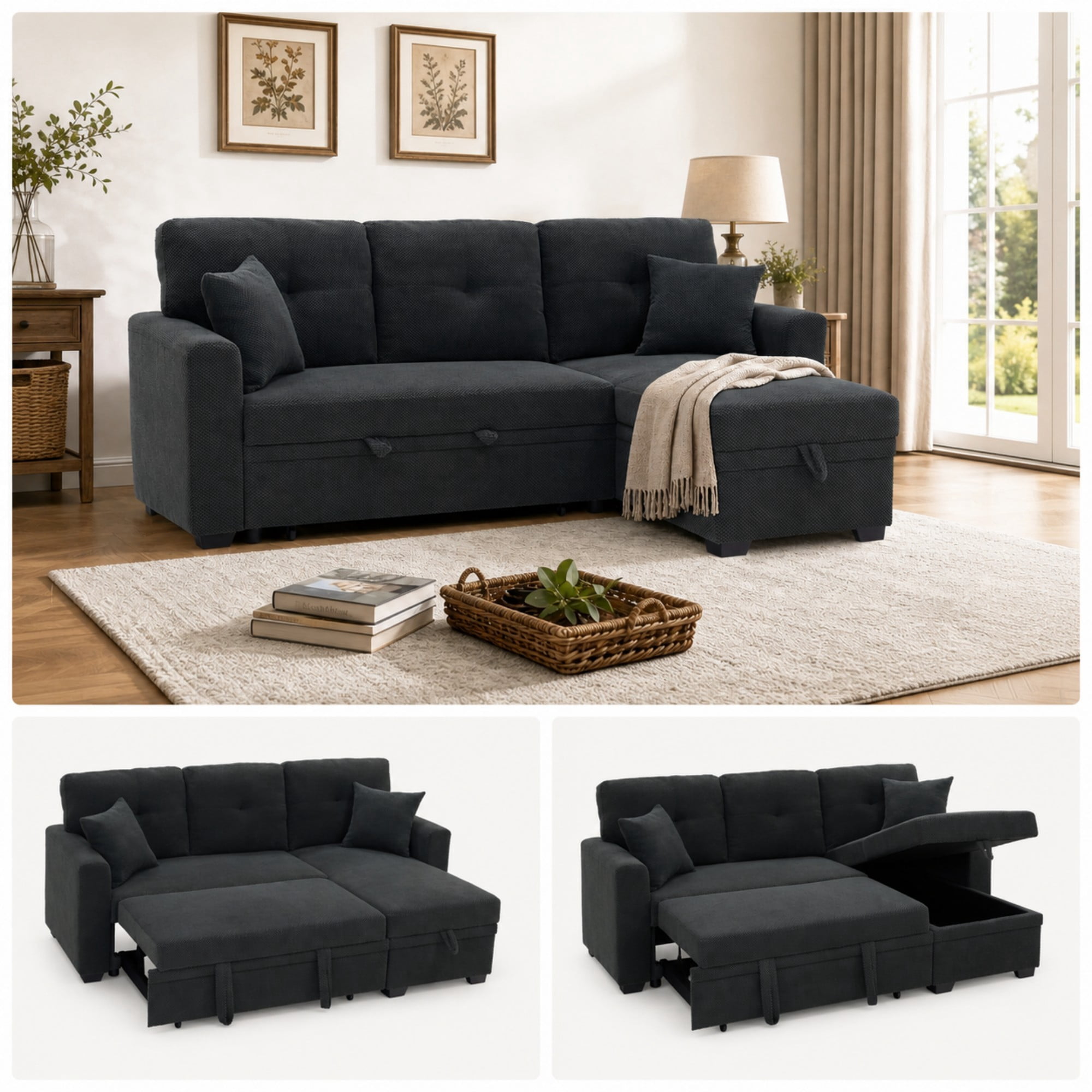 BSHTI 71"Foil Fabric L-Shaped Pull-Out Sleeper Sofa Bed with Reversible Chaise, Hidden Storage for Living Room（Dark Gray）