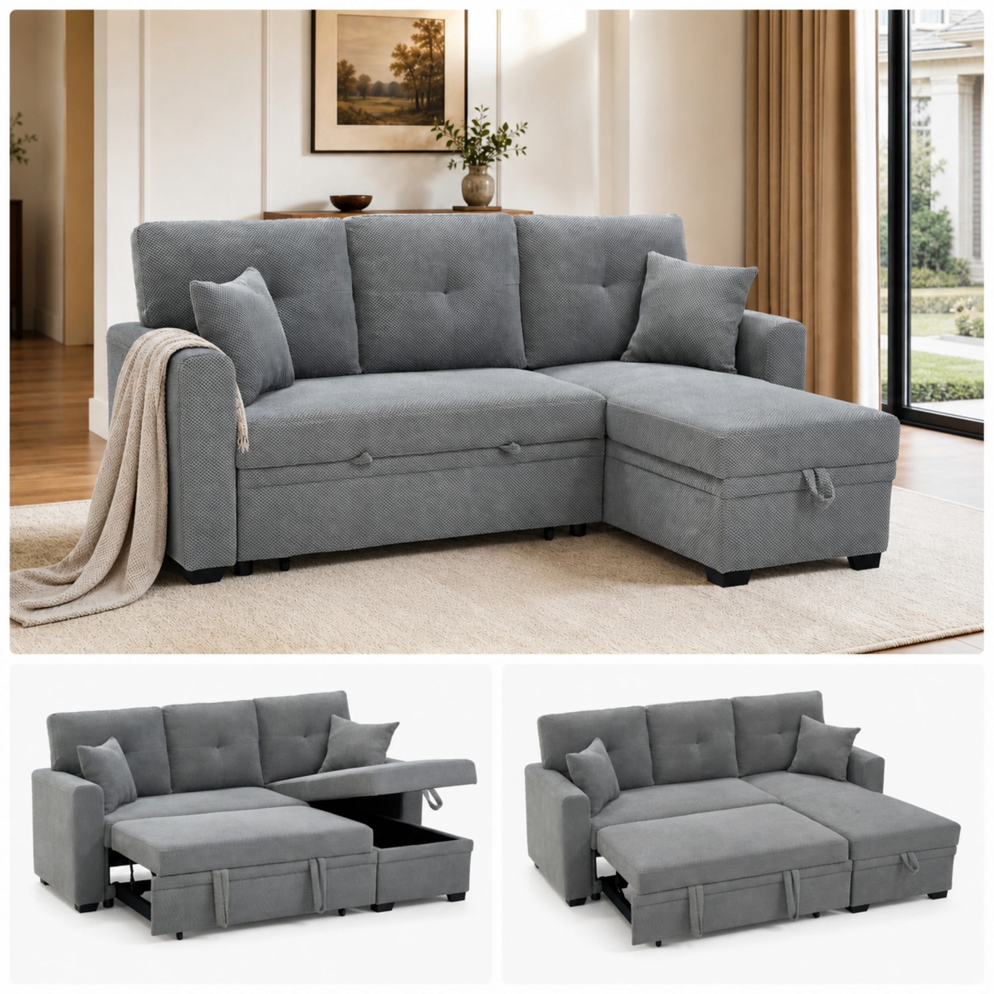 BSHTI 71"Foil Fabric L-Shaped Pull-Out Sleeper Sofa Bed with Reversible Chaise, Hidden Storage for Living Room（Light Gray）