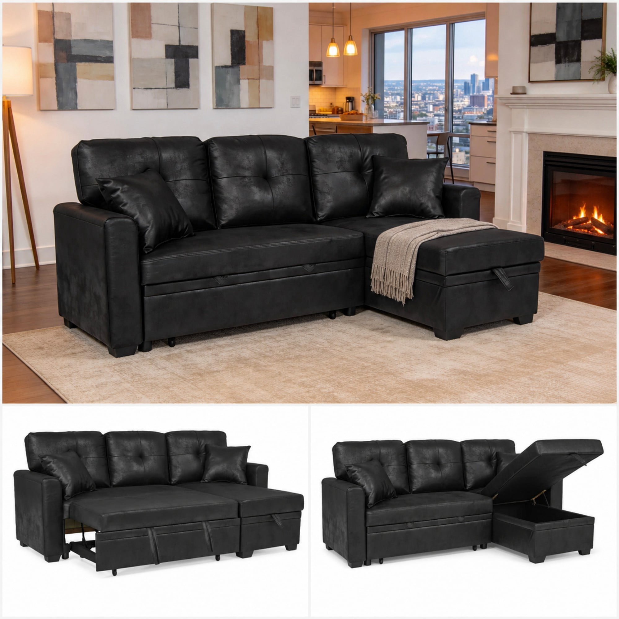 BSHTI 71" Polyester L-Shaped Pull-Out Sleeper Sofa Bed with Reversible Chaise, Hidden Storage for Living Room（Black）