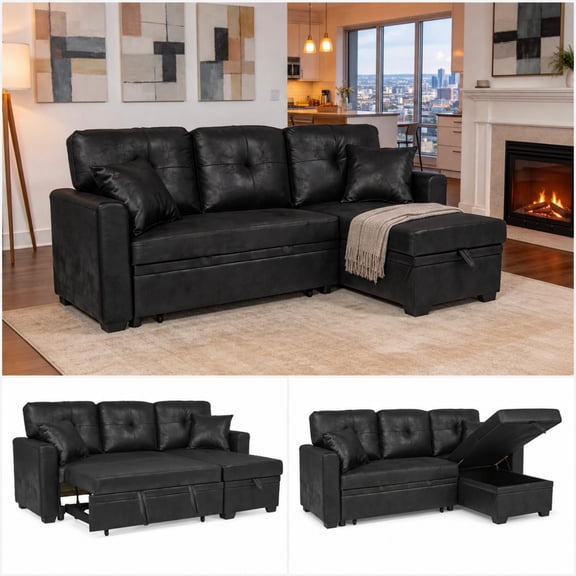 BSHTI 71" Polyester L-Shaped Pull-Out Sleeper Sofa Bed with Reversible Chaise, Hidden Storage for Living Room(Black)
