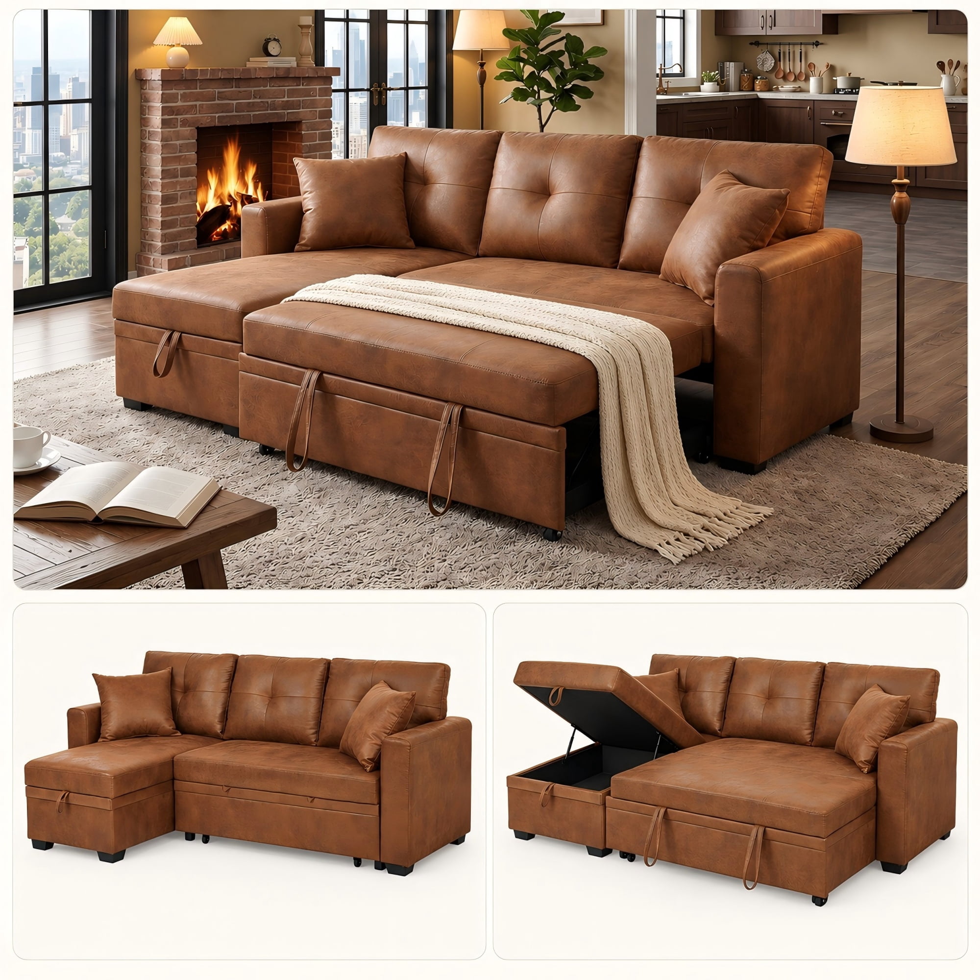 BSHTI 71" Polyester L-Shaped Pull-Out Sleeper Sofa Bed with Reversible Chaise, Hidden Storage for Living Room（Light Brown）